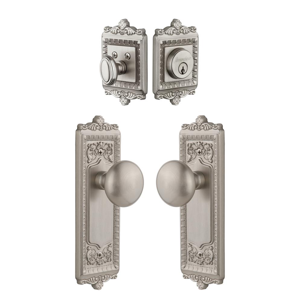 Grandeur by Nostalgic Warehouse Single Cylinder Combo Pack Keyed Differently - Windsor Plate with Fifth Avenue Knob and Matching Deadbolt in Satin Nickel